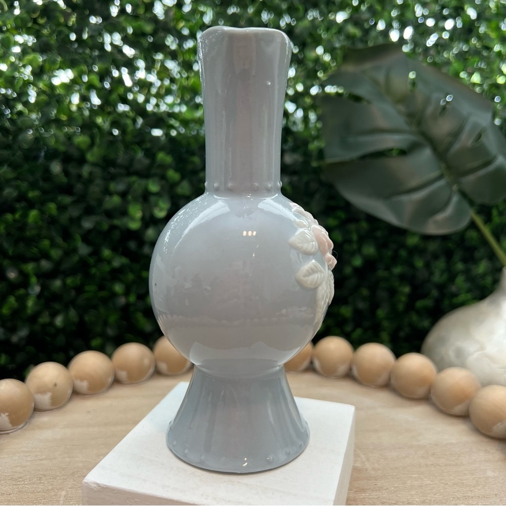 Vintage Light Blue Ceramic Pitcher with Rose Design | Small Bud Vase | Japan - Picture 8 of 10